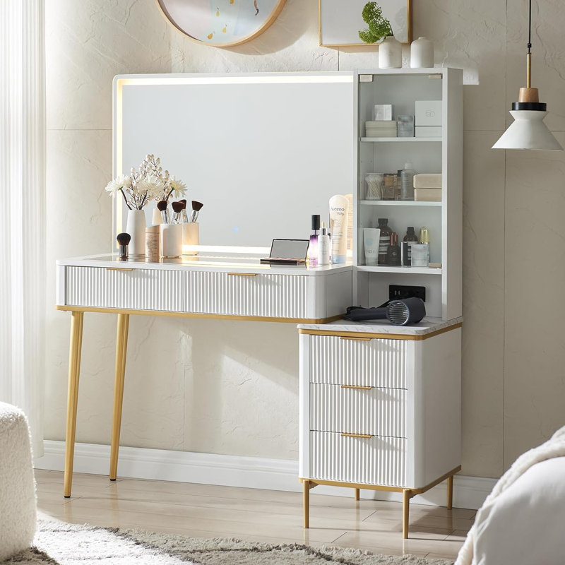 Zadia 48" Makeup Vanity with 36" Lighted Mirror, 4 Dressers & Charging Station & 3 Light Modes, White