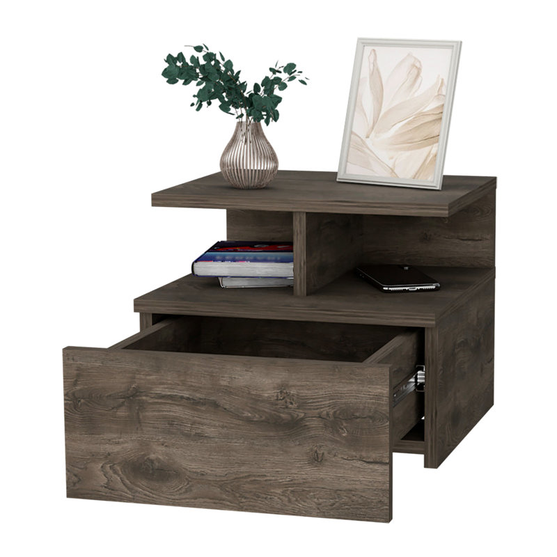 Table de chevet en noyer foncé à 2 tablettes pour un espace de vie organisé avec 2 tiroirs et 2 tablettes, Walnut