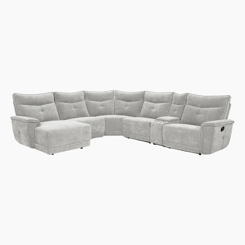 Achernar 118.5" Modern & Contemporary Textured Fabric Double Reclining Sectional Sofa with Flexible 6-Piece Modular Design, Integrated Console with Stainless Steel Cupholders