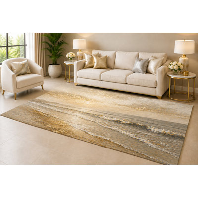 Grand tapis à vagues côtières de 6 pi 7 po x 9 pi 10 po «Ultra Léger» pour le salon, tapis intérieur doux à poils courts avec envers antidérapant en silicone, tapis décoratif pour la chambre à coucher, la salle à manger et le bureau personnel, beige