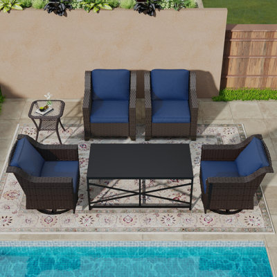 5-Piece Patio Rattan Wicker Rocker Conversation Set, Outdoor Furniture with Thick Cushions, 2 Rocker Chairs, 3 Stationary Chairs, Coffee Table & Side Table, Weather Resistant for Backyard, Porch & Poolside