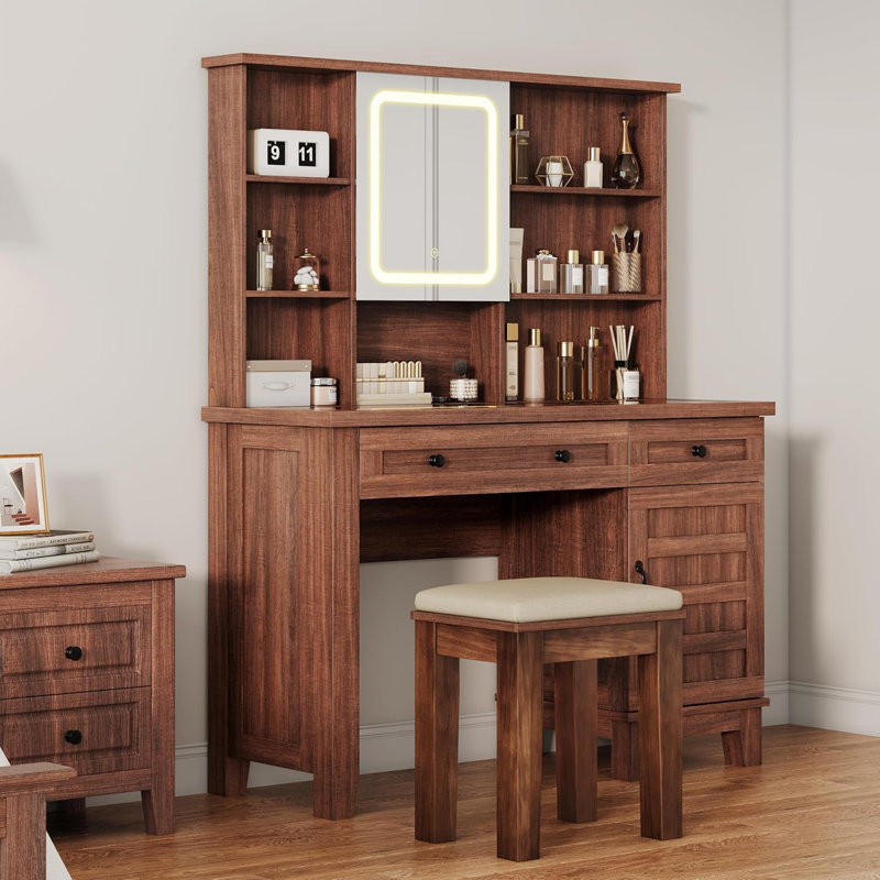 Farmhouse Makeup Vanity Desk with Solid Wood Stool, Glass Top, 2 Drawers, Mirror with Lights and Power Outlet, Bedroom Dressing Table, White