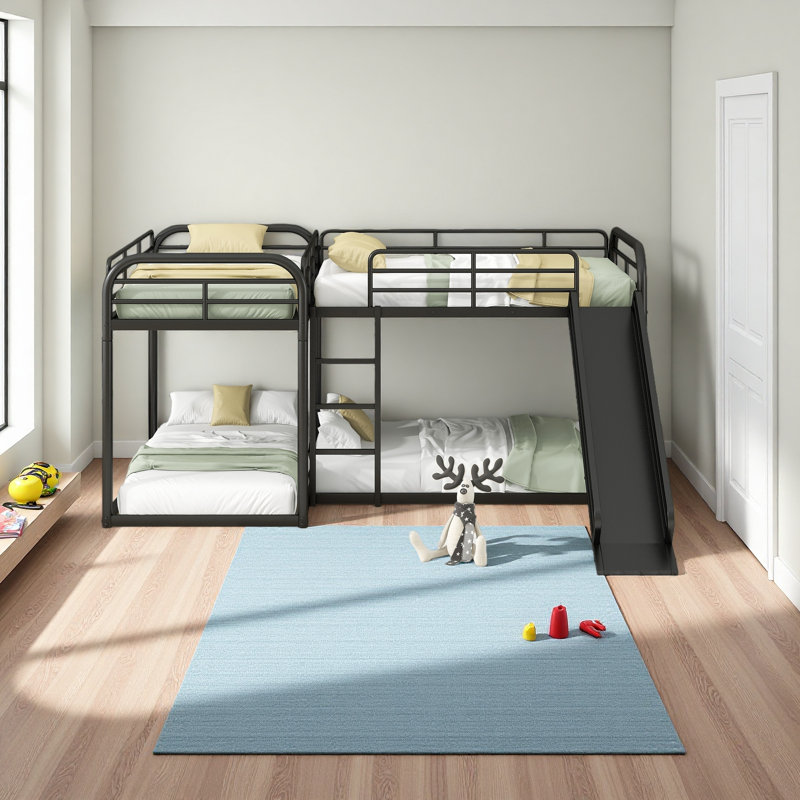 Lit superposé en L pour lit double et simple avec glissière et échelle courte, Noir