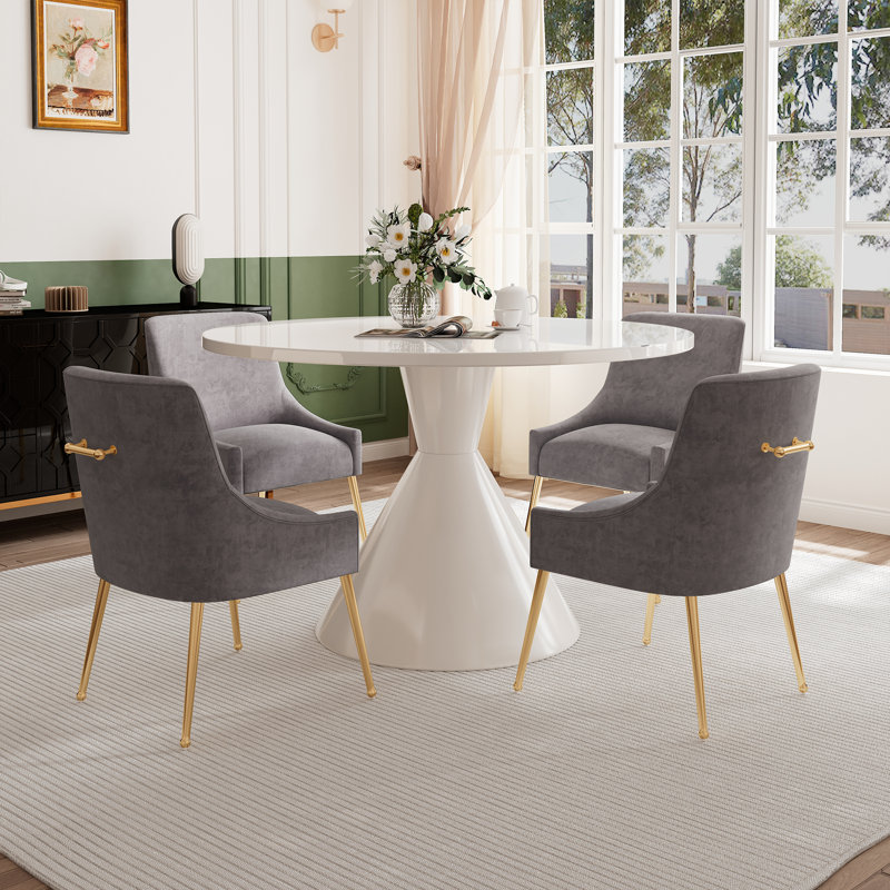 Magallanes 4 - Person Round Table Dining Set with Velvet Dining Chairs, White, Gray