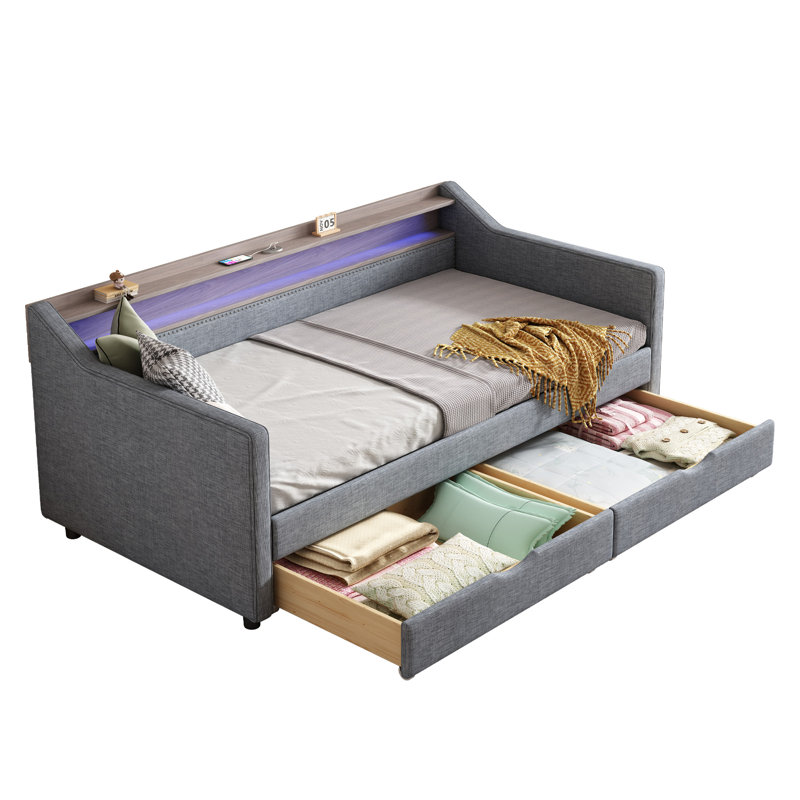 Lit de jour avec 2 tiroirs de rangement et tablette à 2 niveaux et / port USB / Type-C
