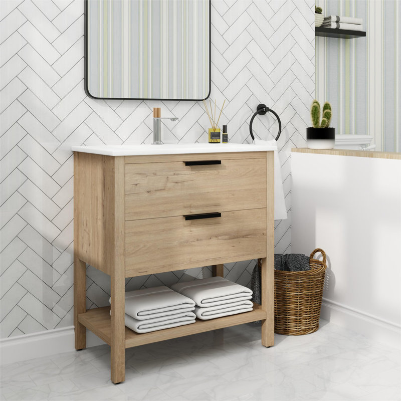 Ensemble de meuble-lavabo simple 30 po Rasharn, Blanc, Imitation chêne / noir