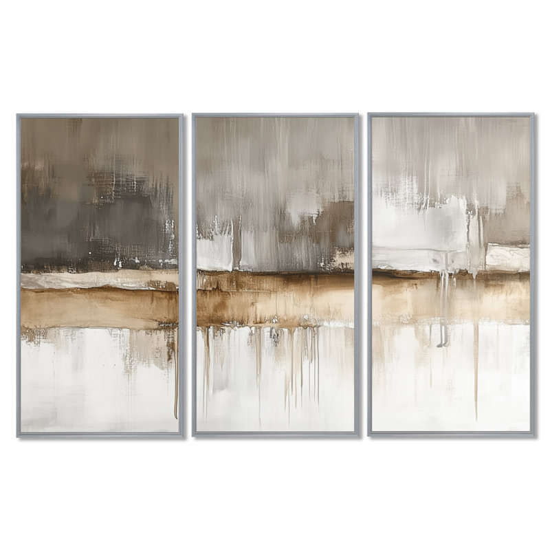 «Brown Blush Horizon Lines - Abstract Landscape», reproduction sur toile 3 pièces, H 32 po x l 48 po, Encadrement argenté