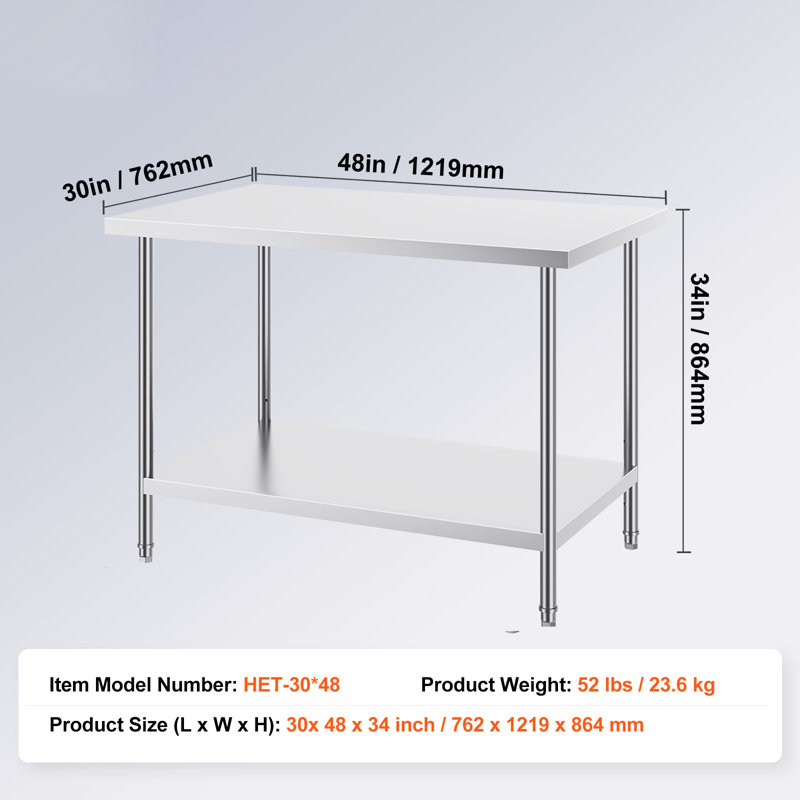 Table de préparation en acier inoxydable, 76 x 122 x 86 cm, capacité de charge de 400 kg, table de travail robuste en métal avec 3 niveaux de hauteur réglables, poste de travail professionnel pour cuisine, garage, restaurant ou jardin.