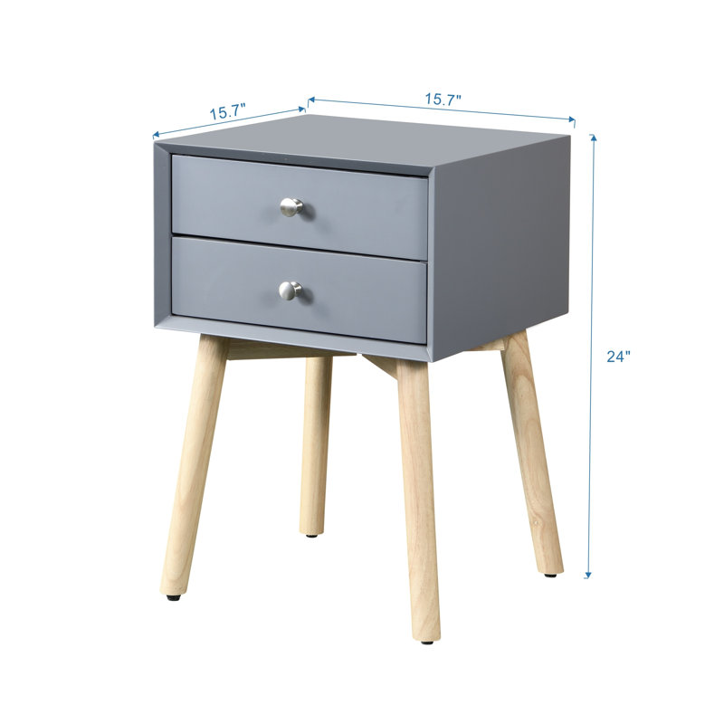 Table de chevet grise Mid-Century moderne avec 2 tiroirs et pieds en bois d'hévéa