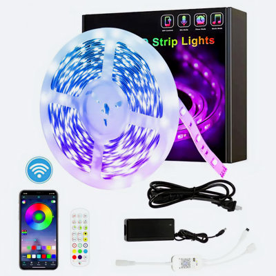 16.4 ft Smart Wi-Fi RGB LED Strip Lights with Remote & App Control, Cuttable for Custom Lighting, Multicolor Ambience