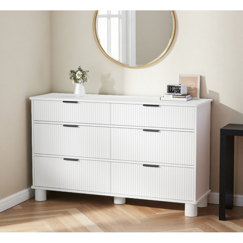 53" W 6 Drawer Double Dresser, Modern Fluted Chest of Drawers with Wide Top, White Manufactured Wood Dresser for Bedroom, Living Room