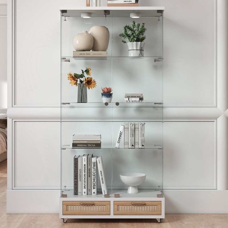 Vitrine moderne en verre avec lumières DEL, tablettes trempées et tiroirs sécurisés, Blanc / Naturel