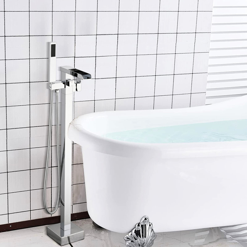Floor Mounted Tub Filler With Waterfall Design And 59" Shower Hose Finish Bathroom Faucet Spout Included, Silver