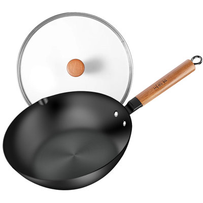 11" Multipurpose Iron Wok, Carbon Steel Iron Pan - Large Flat Bottom
