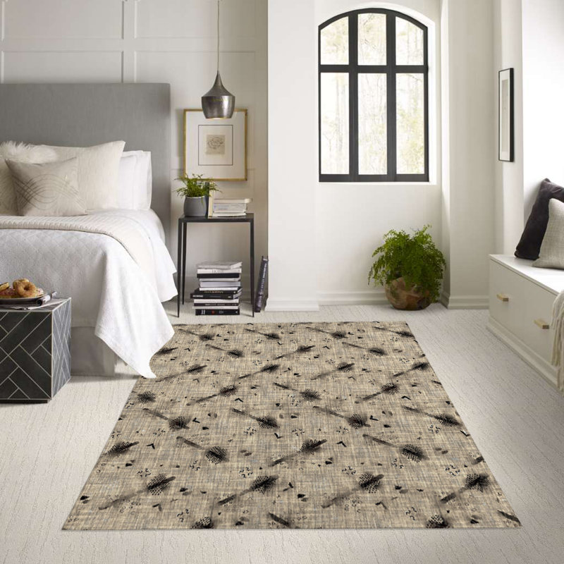 Tapis intérieur / extérieur rectangulaire en polyester tissé à la machine beige et noir, Rectangle 2 pi x 3 pi