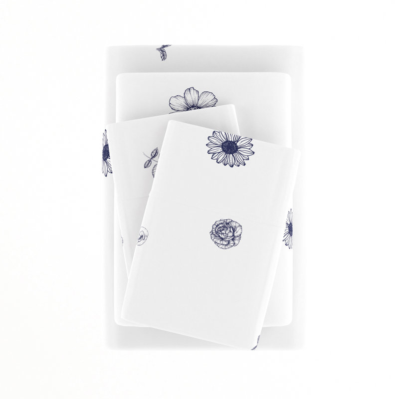 King Size Navy Floral Print Microfiber Sheet Set