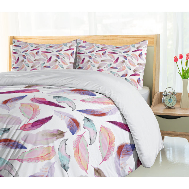 Twin Pink and Purple Feather Motif Microfiber Duvet Set