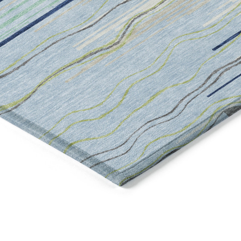Tapis extérieur lavable rayé bleu ciel et bleu turquoise 9 pi x 12 pi