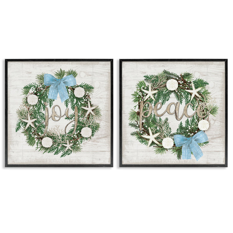 Ensemble de 2 giclées encadrées Coastal Peace & Joy Wreaths, design par Jennifer Pugh, H 12 po x l 24 po