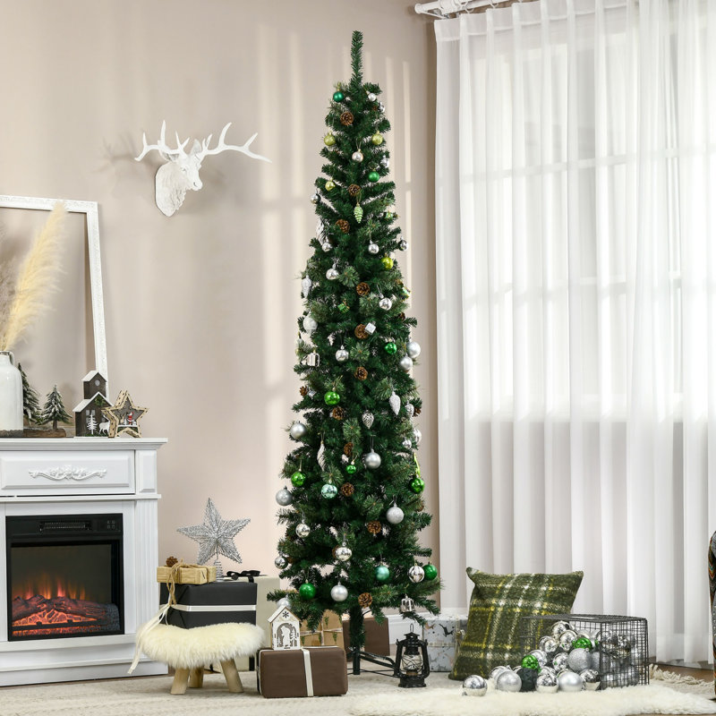 Arbre de Noël artificiel 7,5 pi, aiguilles de pin minces avec branches réalistes et pommes de pin, base en métal, vert, arbre de Noël