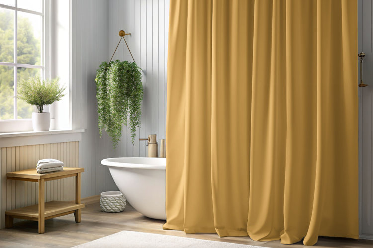 bright bathroom with mustard-yellow shower curtain, white freestanding tub, wood stool, and hanging plant by window