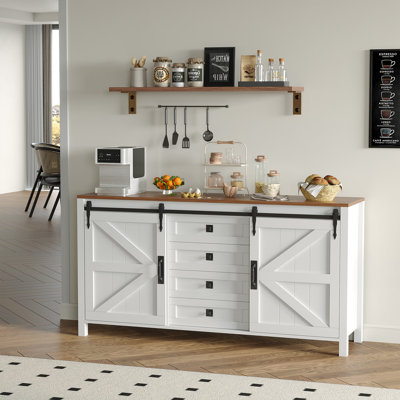 Farmhouse Sideboard Buffet Cabinet with Sliding Barn Doors & 4 Drawers, 60" Rustic Wood Kitchen Coffee Bar Storage Cabinet for Dining Room Living Room, TV Stand & Console Table