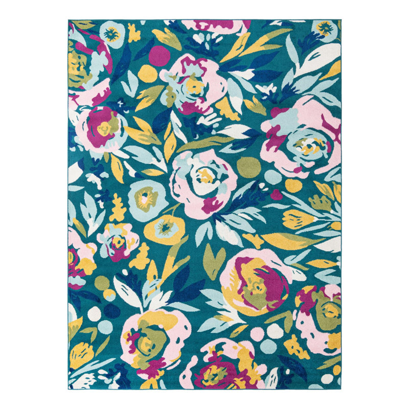 Holle Floral Area Rug, Octagon 7' x 7', Teal/Yellow/Pink