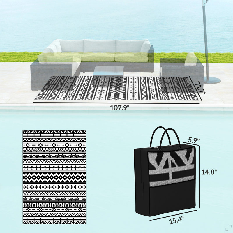 Outdoor Rug,Reversible Outdoor Rug,Waterproof Plastic Straw With Carry Bag, Rectangle 9' x 6', Black/White