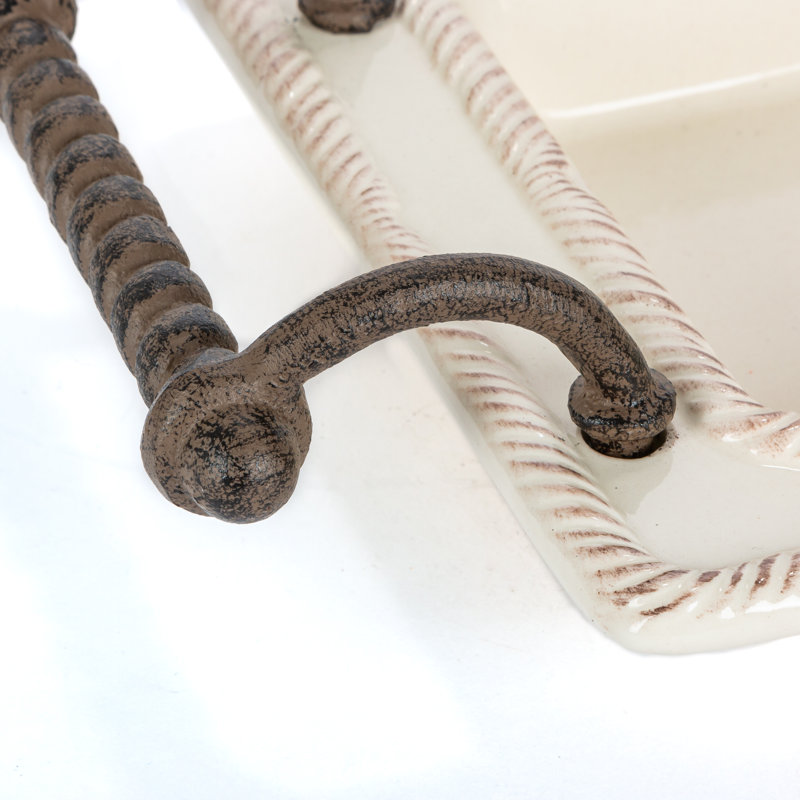 21.5-Inch Long Cream Ceramic Tray with Provencial Styled Braided Metal Handles