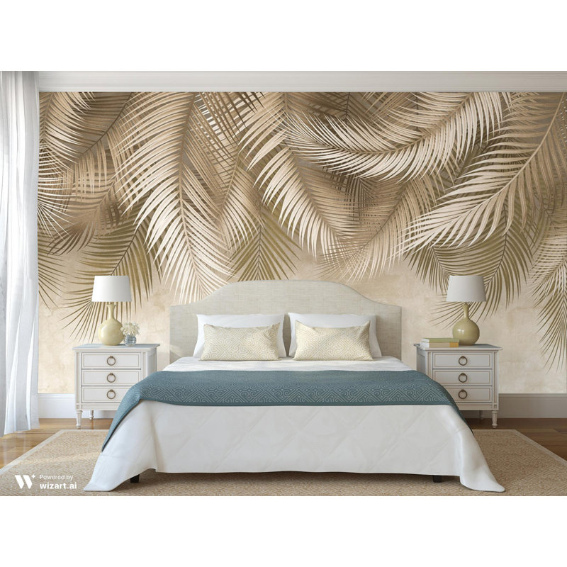 Murale papier peint feuille de palmier tropical, Brun, L 110 po x l 204 po