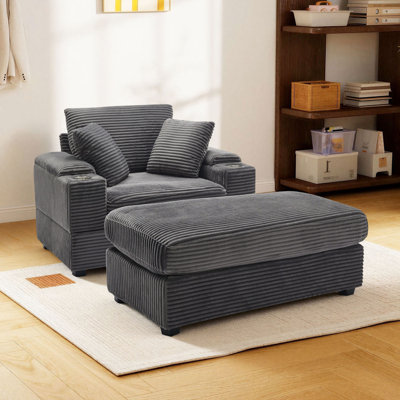 Chaise longue rembourrée avec repose-pieds, porte-gobelets et rangement pour accoudoirs Corduroy