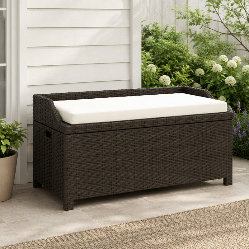 Banc de rangement extérieur en rotin en PE avec doublure imperméable et coussin moelleux