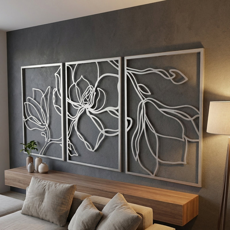 Ensemble de 3 décorations murales en métal, H 27 po x l 54 po x P 1 po, Argent