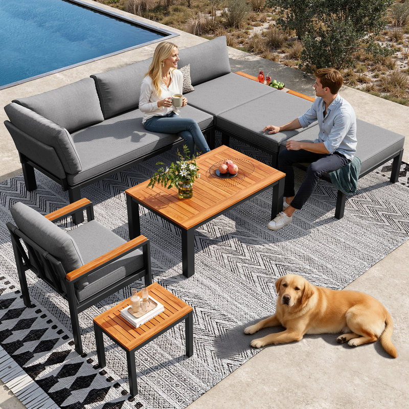 Modular Outdoor Sofa Set With Aluminum Frame, Wood Tables & Cushions