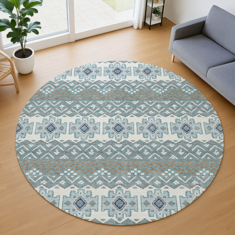 Machine Washable Indoor/Outdoor Chantille ACN2760 Striped Rug, Teal, 8' Round
