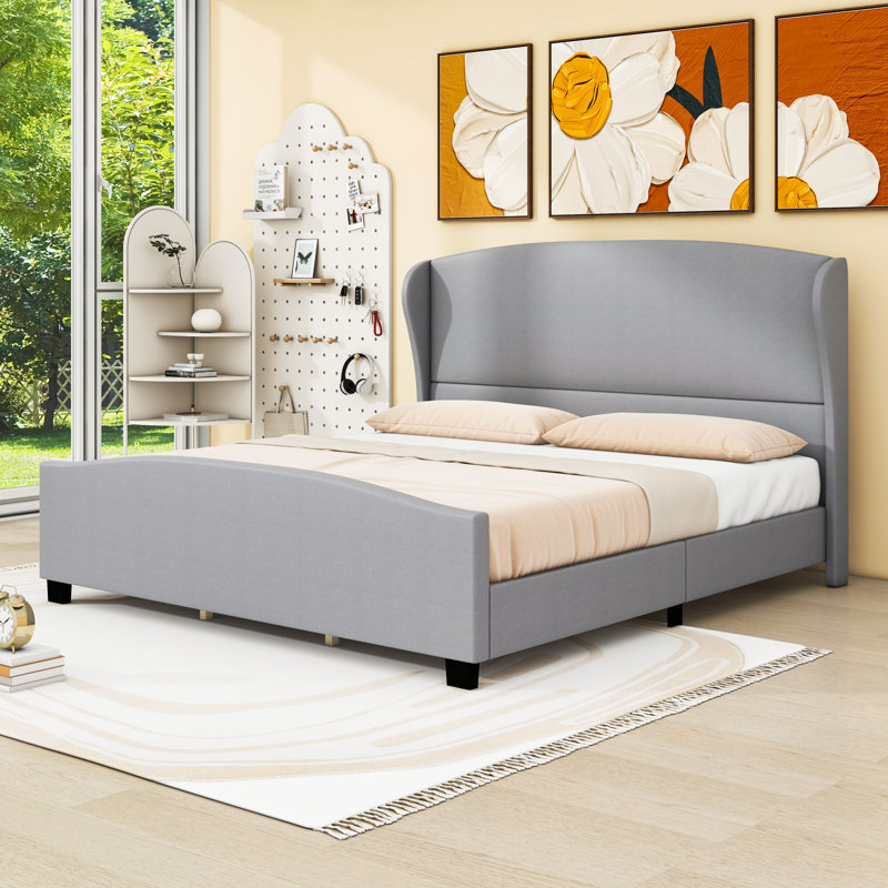 Upholstered Platform Bed with Headboard, King, Gray