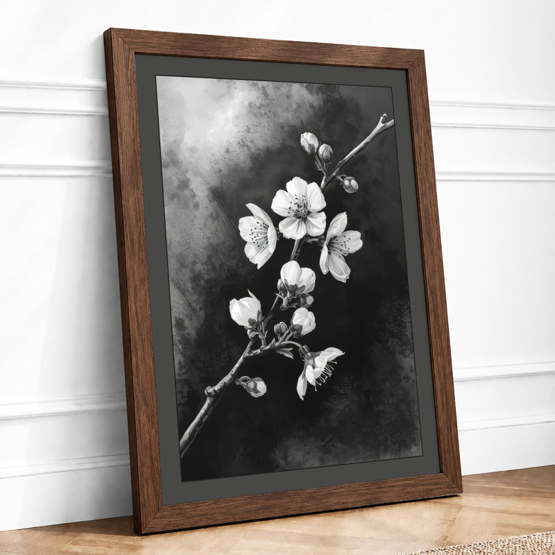 Moonlit Cherry Blossom Botanical - Framed Print, A2 - 59.4 x 42.0 cm, Walnut