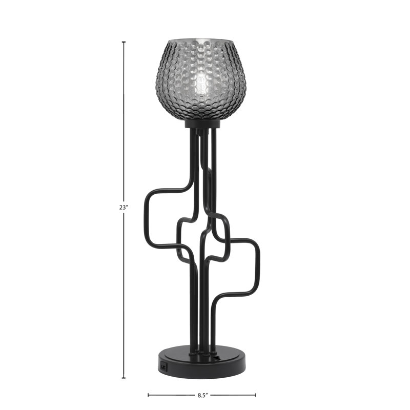 Lampe d'appoint Amarmula, avec ports USB, finition noir mat, verre texturé fumée 6 po, Noir, Transparent/noir