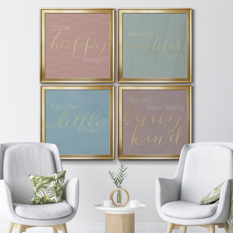 Pensées heureuses - ensemble de 4 pièces d'art textuel sur toile, H 30,5 po x l 122 po x P 1,5 po, Encadrement doré