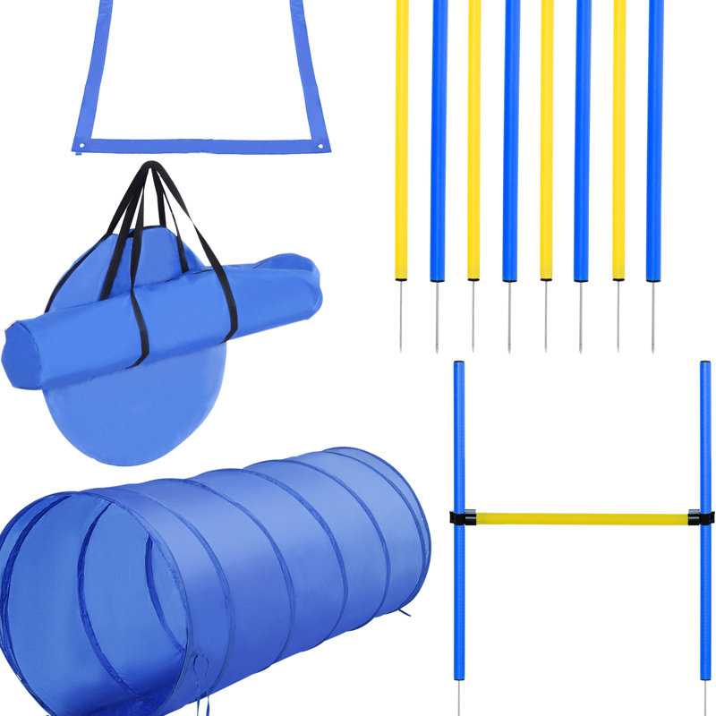 Parcours d'obstacles pour chiens 4 pièces - haie de saut, tunnel, boîte de pause, poteaux de tissage et sac à bagages bleu / jaune. Approfondissez le sac à dos de sécurité