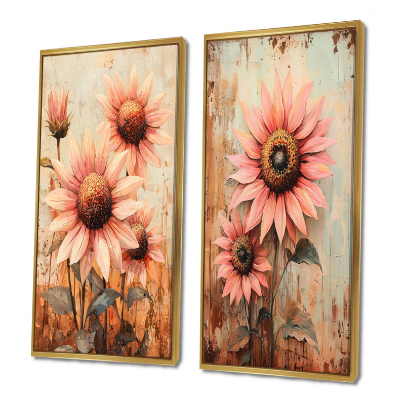 Collection de 2 panneaux d'art rétro floraux rose Sunrise Sunflowers I, H 28 po x l 25 po, Cadre flottant doré