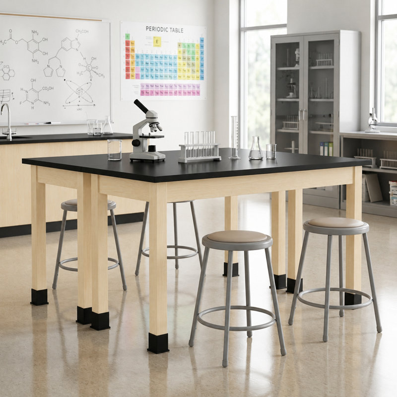 Table de laboratoire de laboratoire d'apprentissage, de laboratoire résistant aux produits chimiques avec plateau en stratifié haute pression noir, pieds en érable massif, mobilier de salle de classe et de laboratoire