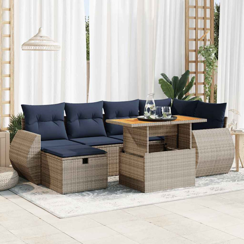  7 Piece Garden Sofa Set With Cushions Brown Poly Rattan Acacia