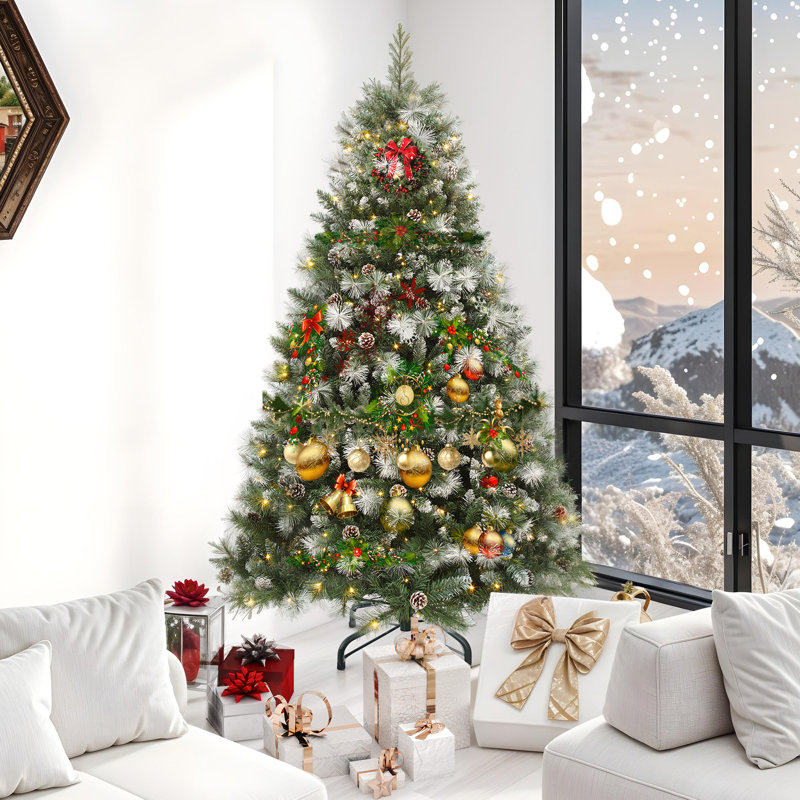 Arbre de Noël artificiel enneigé, pin, arbre de Noël avec pommes de pin et lumière Prestrung, 9 pi