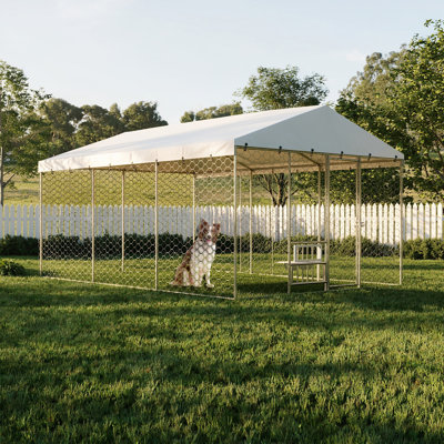 Grand chenil d'extérieur pour chien de 15 x 10 pi avec auvent, structure en acier galvanisé robuste, couvercle imperméable, bols à nourriture surélevés intégrés, parc pour animaux de compagnie verrouillable à l'épreuve des fuites pour grands chiens et plusieurs animaux