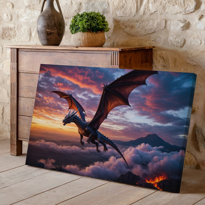 Toile, Un majestueux dragon survole un ciel éclatant au coucher du soleil, art mural, 16" H x 20" W