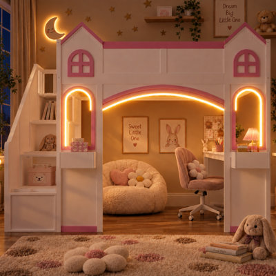 Lit mezzanine double en bois avec escalier de rangement, bureau intégré, lumières DEL et tablettes pour enfants