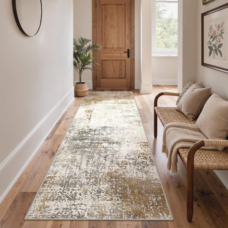 Abstract Machine Printed Area Rug, Gold/Grey/Ivory, Runner 80 x 300 cm