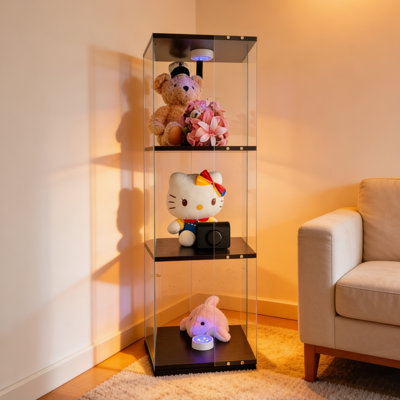 Rotatable Three-Layer Glass Display Cabinet With Remote Control Lights And Adjustable Feet, Ideal For Living Room Or Corridor