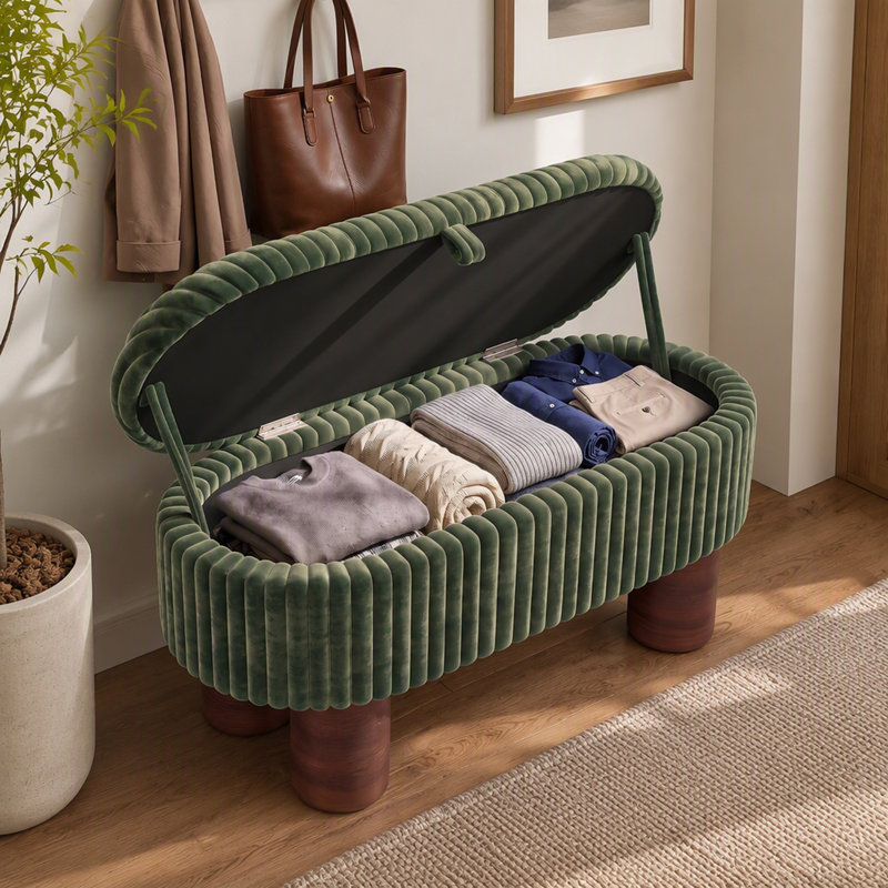 Banc ottoman de rangement moderne en velours côtelé avec couvercle relevable, Vert, Green, Brown